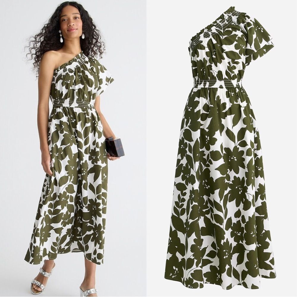 J. Crew Smocked Cotton Poplin One Shoulder Maxi Dress in Leafy Floral Size 2X
